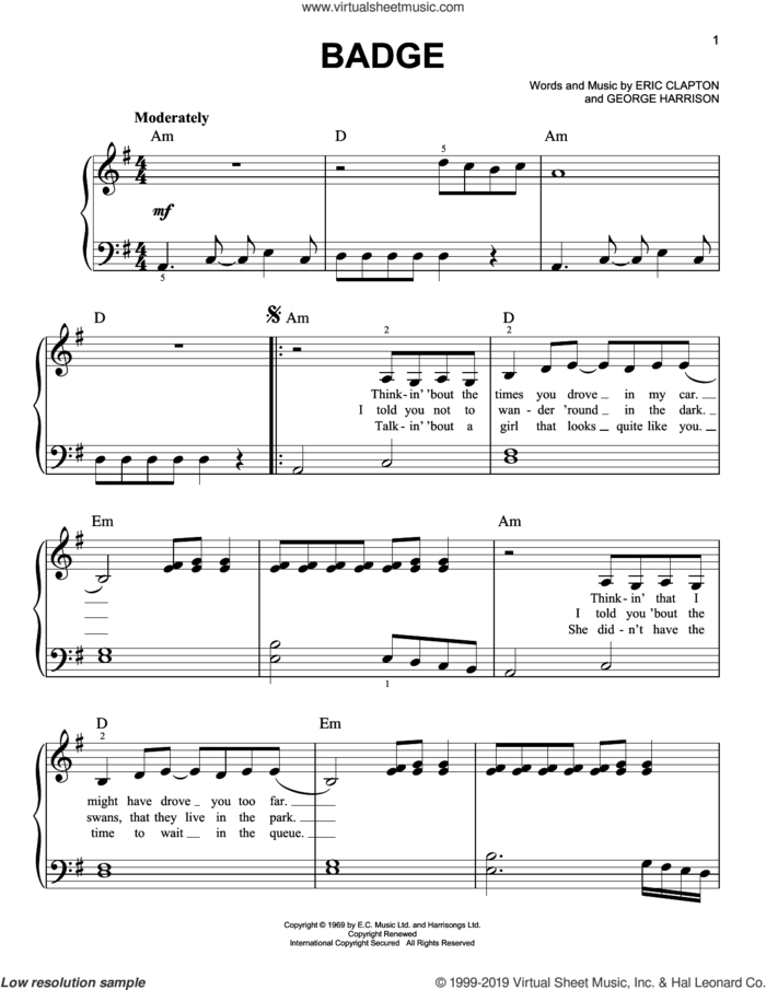 Badge sheet music for piano solo by Cream, Eric Clapton and George Harrison, easy skill level