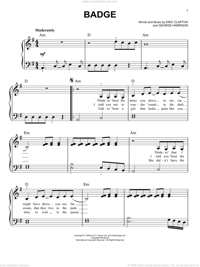 Badge sheet music for piano solo by Cream, Eric Clapton and George Harrison, easy skill level