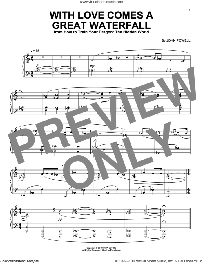 With Love Comes A Great Waterfall (from How to Train Your Dragon: The Hidden World) sheet music for piano solo by John Powell, intermediate skill level
