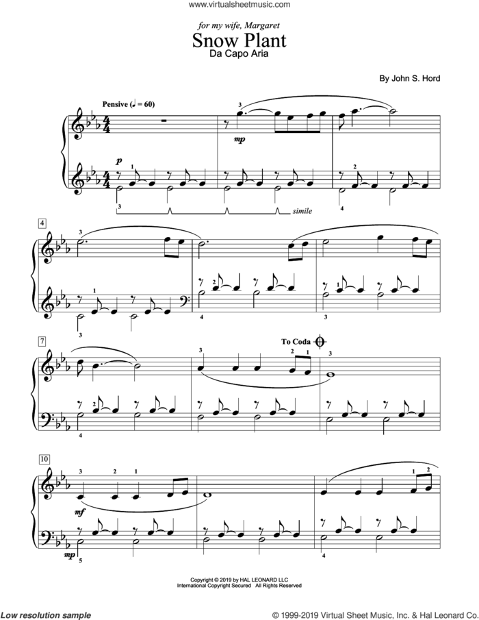 Snow Plant sheet music for piano solo (elementary) by John S. Hord, beginner piano (elementary)