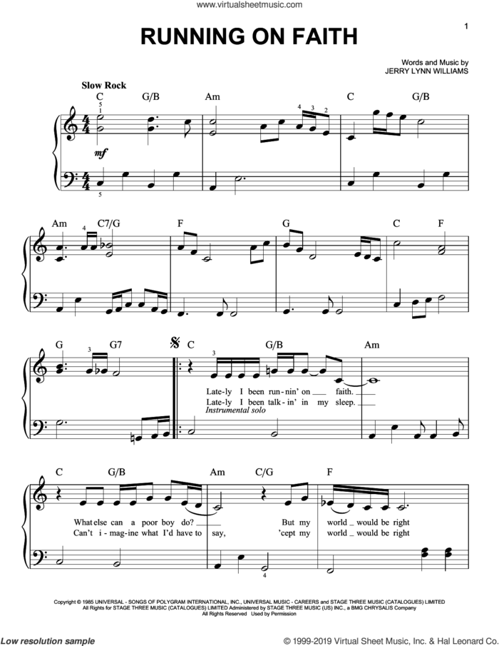 Running On Faith sheet music for piano solo by Eric Clapton and Jerry Lynn Williams, easy skill level