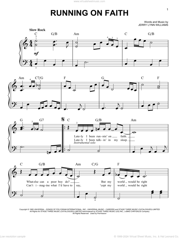 Running On Faith sheet music for piano solo by Eric Clapton and Jerry Lynn Williams, easy skill level