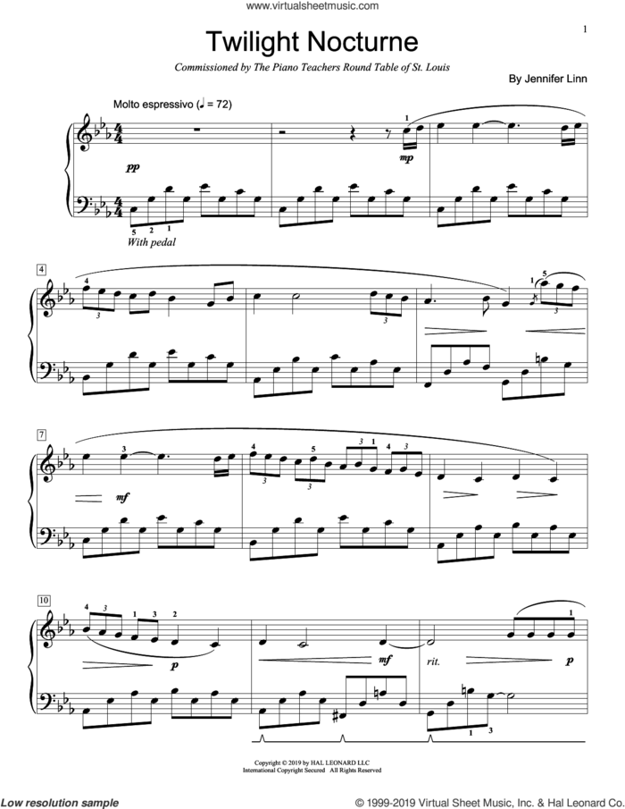 Twilight Nocturne sheet music for piano solo (elementary) by Jennifer Linn, classical score, beginner piano (elementary)
