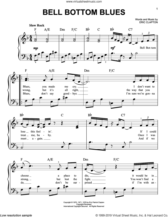 Bell Bottom Blues sheet music for piano solo by Derek And The Dominos and Eric Clapton, easy skill level