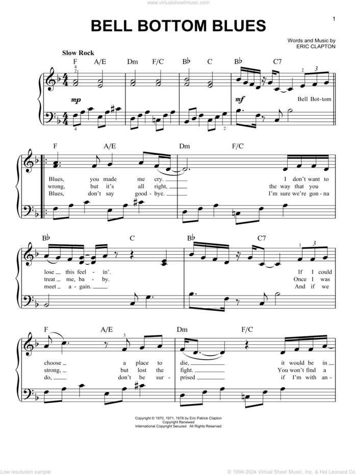 Bell Bottom Blues sheet music for piano solo by Derek And The Dominos and Eric Clapton, easy skill level