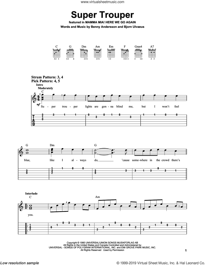 Super Trouper (from Mamma Mia! Here We Go Again) sheet music for guitar solo (easy tablature) by ABBA, Benny Andersson and Bjorn Ulvaeus, easy guitar (easy tablature)