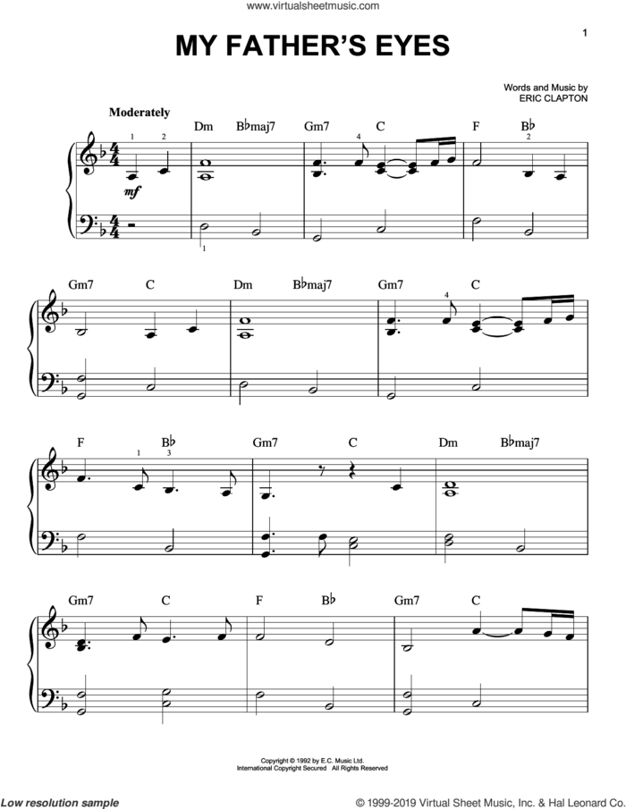 My Father's Eyes sheet music for piano solo by Eric Clapton, easy skill level