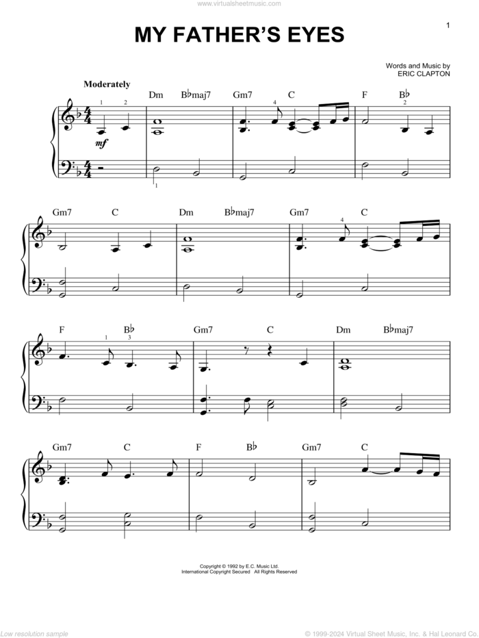 My Father's Eyes sheet music for piano solo by Eric Clapton, easy skill level