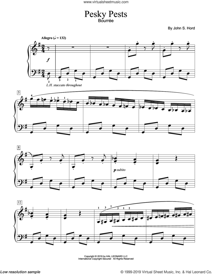 Pesky Pests sheet music for piano solo (elementary) by John S. Hord, beginner piano (elementary)