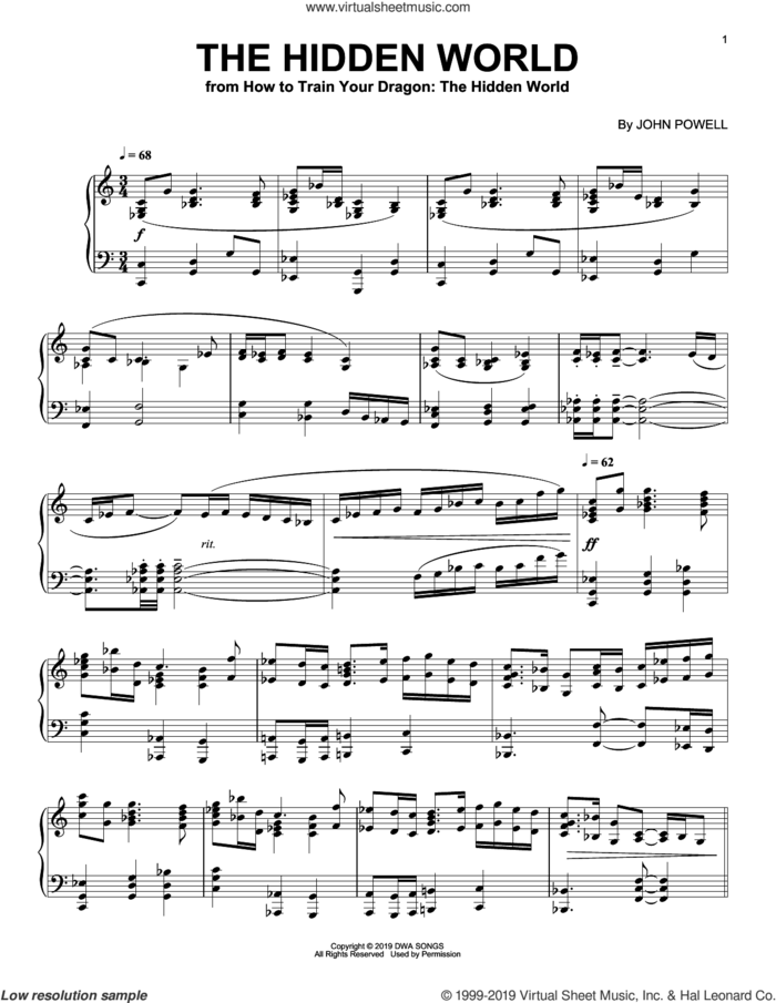 The Hidden World (from How to Train Your Dragon: The Hidden World) sheet music for piano solo by John Powell, intermediate skill level