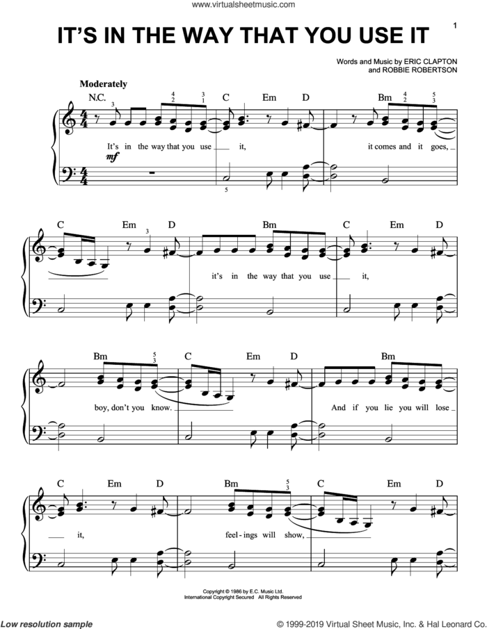 It's In The Way That You Use It sheet music for piano solo by Eric Clapton and Robbie Robertson, easy skill level