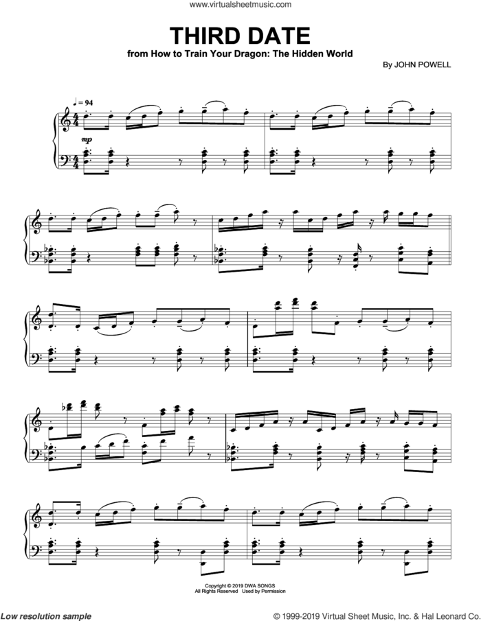Third Date (from How to Train Your Dragon: The Hidden World) sheet music for piano solo by John Powell, intermediate skill level
