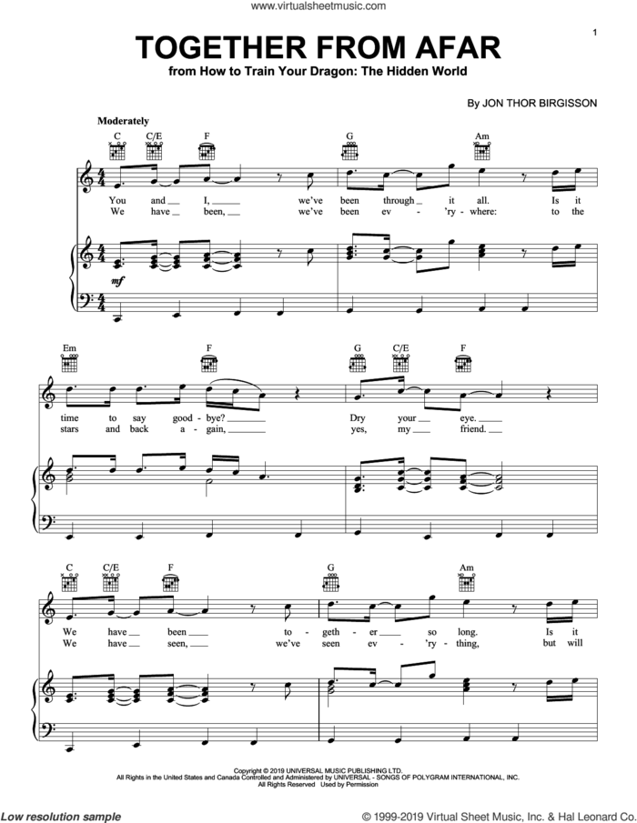 Together From Afar (from How to Train Your Dragon: The Hidden World) sheet music for voice, piano or guitar by Jonsi, Jonsi and Jon Birgisson, intermediate skill level
