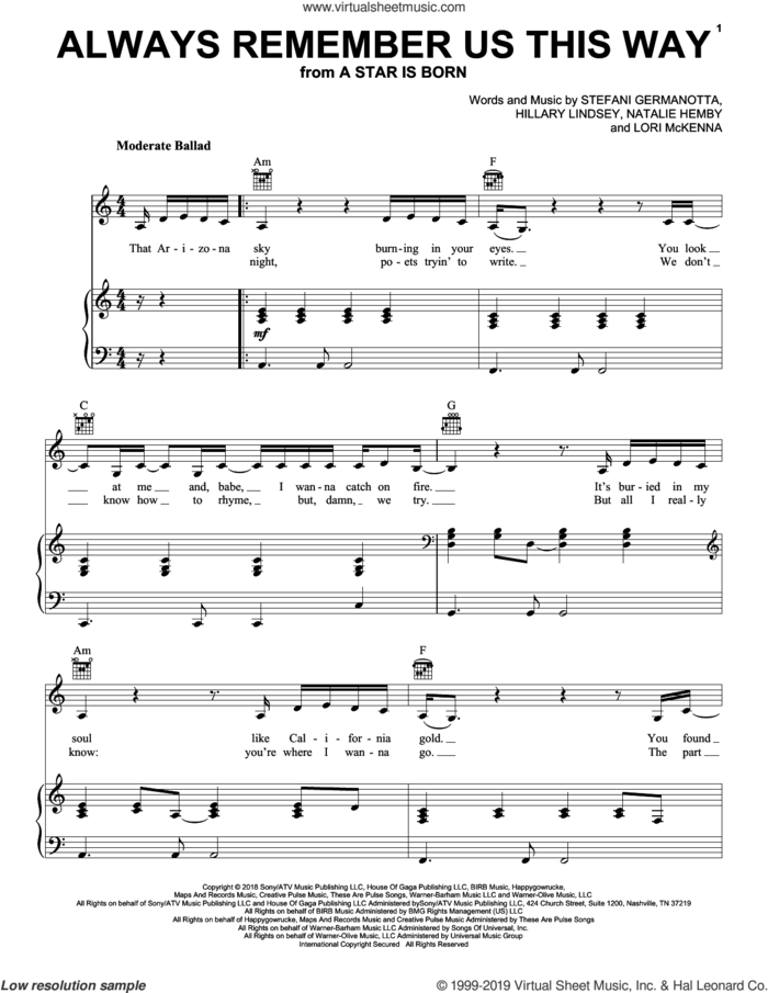 Always Remember Us This Way (from A Star Is Born) sheet music for voice and piano by Lady Gaga, Hillary Lindsey, Lori McKenna and Natalie Hemby, intermediate skill level
