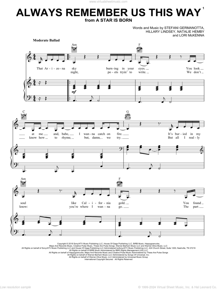 Always Remember Us This Way (from A Star Is Born) sheet music for voice and piano by Lady Gaga, Hillary Lindsey, Lori McKenna and Natalie Hemby, intermediate skill level