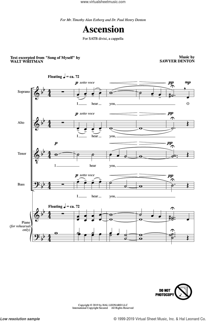 Ascension sheet music for choir (SATB: soprano, alto, tenor, bass) by Sawyer Denton and Walt Whitman, intermediate skill level
