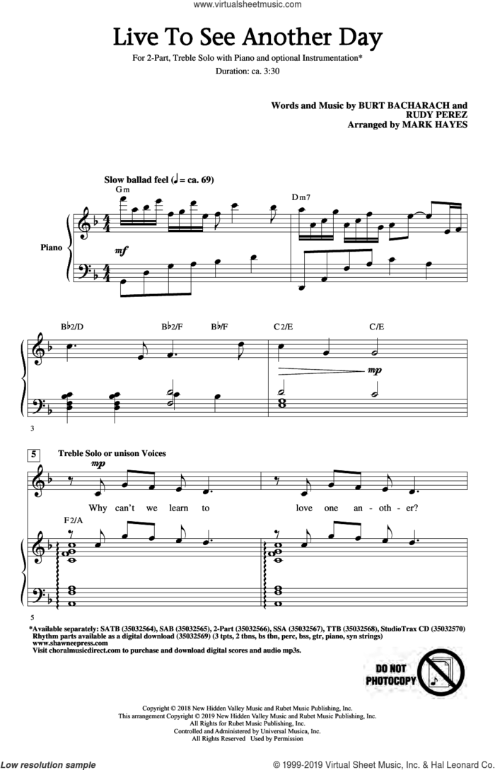 Live To See Another Day (arr. Mark Hayes) sheet music for choir (2-Part) by Burt Bacharach & Rudy Perez, Mark Hayes, Burt Bacharach and Rudy Perez, intermediate duet