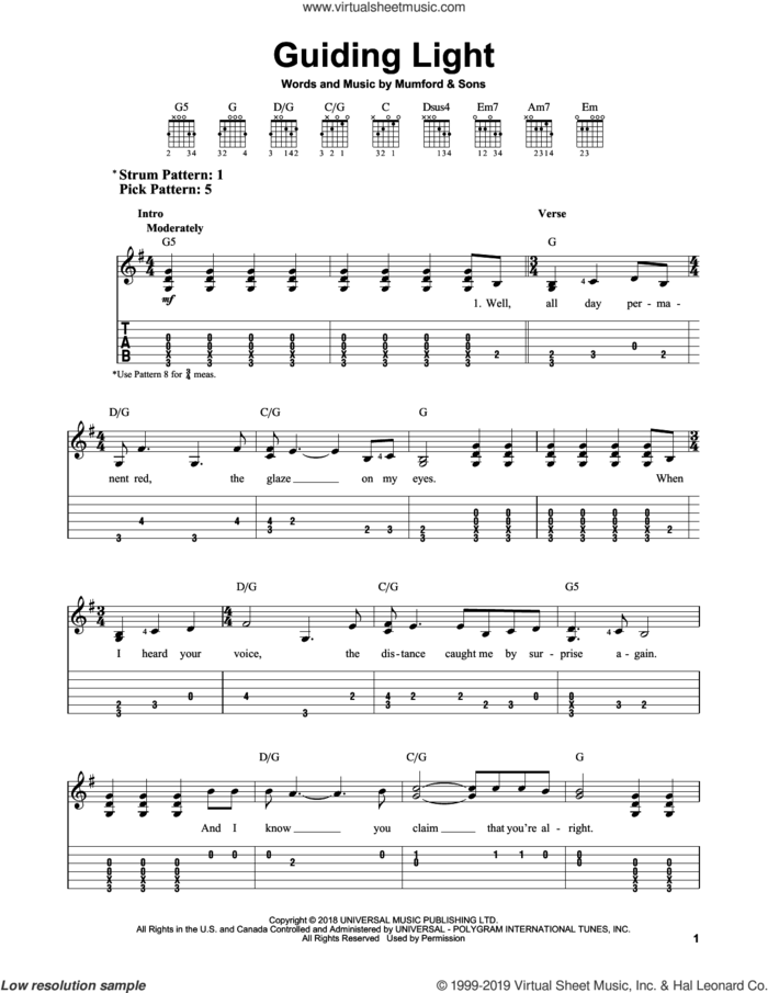 Guiding Light sheet music for guitar solo (easy tablature) by Mumford & Sons, easy guitar (easy tablature)