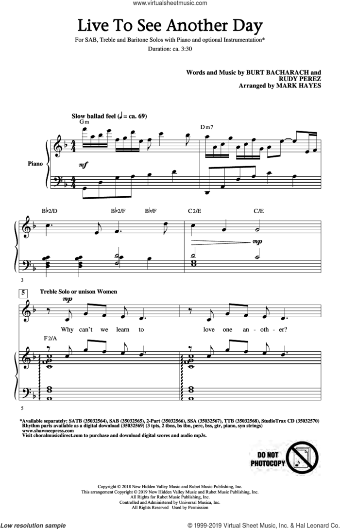 Live To See Another Day (arr. Mark Hayes) sheet music for choir (SAB: soprano, alto, bass) by Burt Bacharach & Rudy Perez, Mark Hayes, Burt Bacharach and Rudy Perez, intermediate skill level