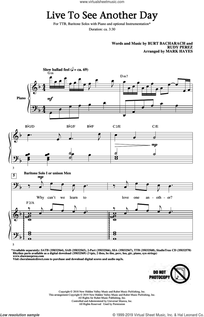 Live To See Another Day (arr. Mark Hayes) sheet music for choir (TTBB: tenor, bass) by Burt Bacharach & Rudy Perez, Mark Hayes, Burt Bacharach and Rudy Perez, intermediate skill level