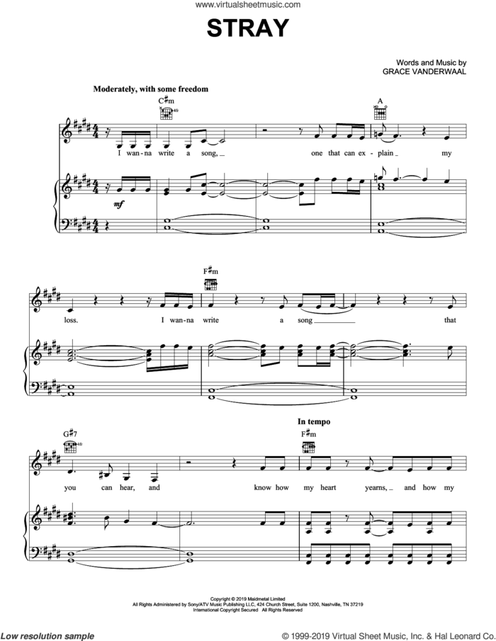 Stray sheet music for voice, piano or guitar by Grace VanderWaal, intermediate skill level