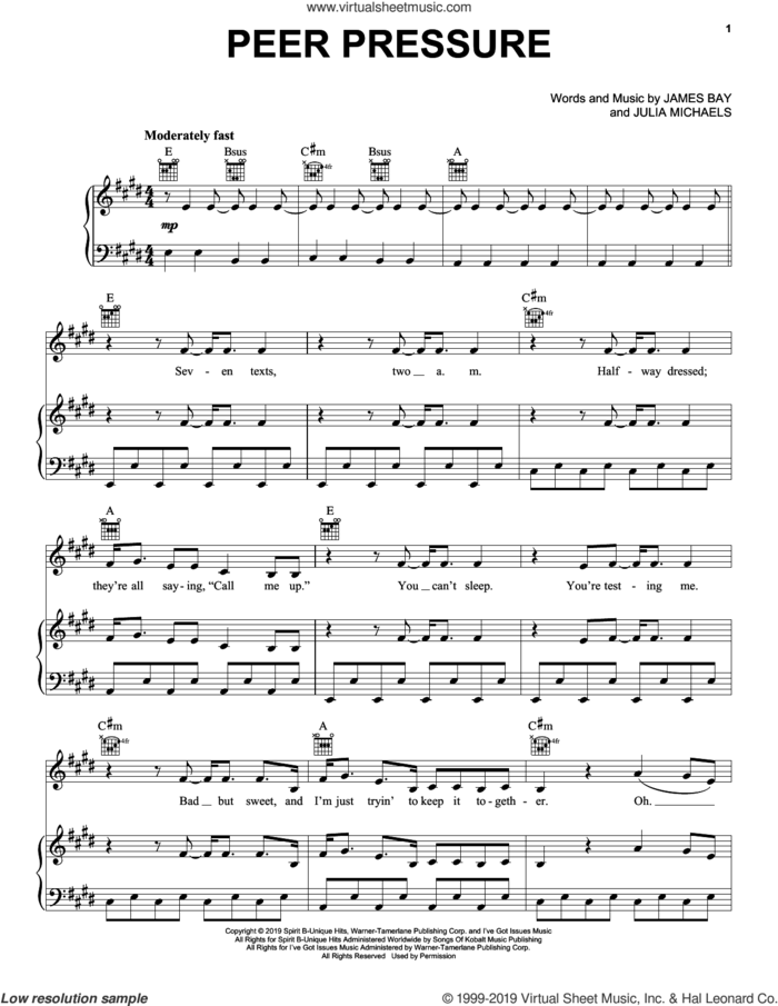 Peer Pressure (feat. Julia Michaels) sheet music for voice, piano or guitar by James Bay and Julia Michaels, intermediate skill level