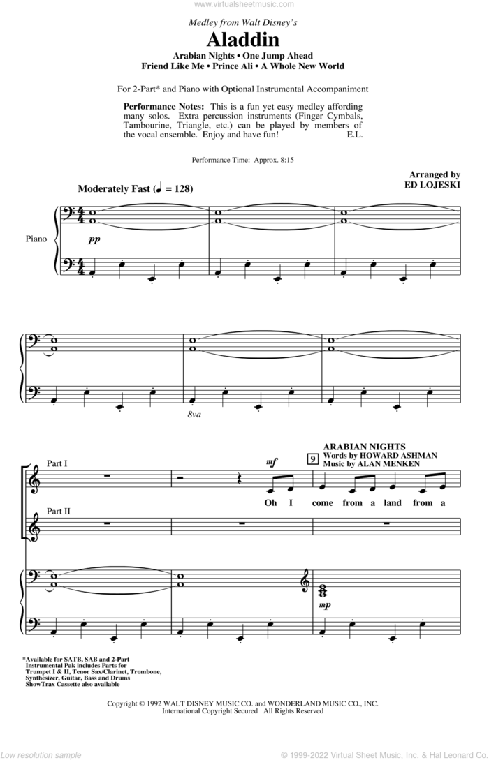Aladdin (Medley) (from Disney's Aladdin) (arr. Ed Lojeski) sheet music for choir (2-Part) by Alan Menken, Ed Lojeski, Howard Ashman and Tim Rice, intermediate duet