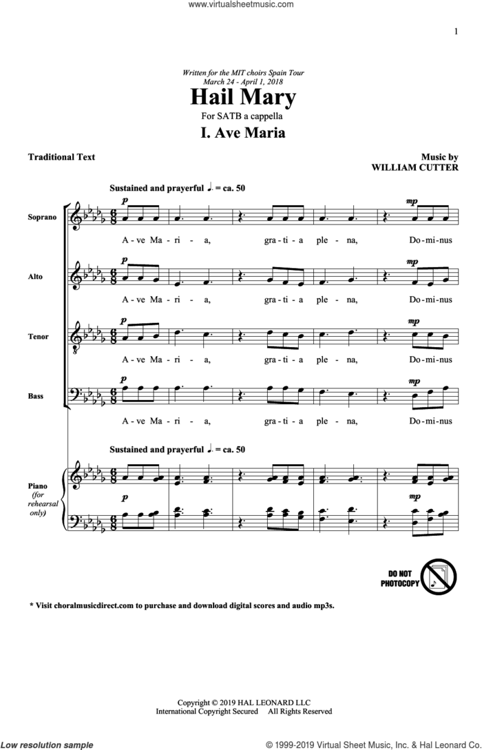 Ave Maria sheet music for choir (SATB: soprano, alto, tenor, bass) by William Cutter and Traditional Text, intermediate skill level