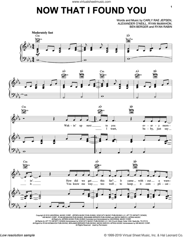 Now That I Found You sheet music for voice, piano or guitar by Carly Rae Jepsen, Ben Berger, Ryan McMahon and Ryan Rabin, intermediate skill level