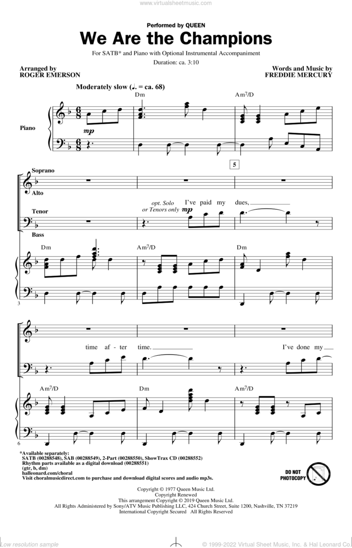 We Are The Champions (arr. Roger Emerson) sheet music for choir (SATB: soprano, alto, tenor, bass) by Queen, Roger Emerson and Freddie Mercury, intermediate skill level