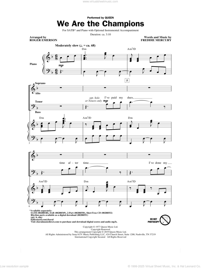 We Are The Champions (arr. Roger Emerson) sheet music for choir (SATB: soprano, alto, tenor, bass) by Queen, Roger Emerson and Freddie Mercury, intermediate skill level