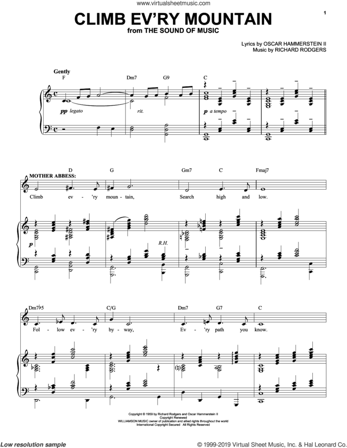 Climb Ev'ry Mountain (from The Sound of Music) sheet music for voice and piano by Rodgers & Hammerstein, Oscar II Hammerstein and Richard Rodgers, intermediate skill level