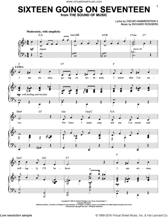 Sixteen Going On Seventeen (from The Sound of Music) sheet music for voice and piano by Rodgers & Hammerstein, Oscar II Hammerstein and Richard Rodgers, intermediate skill level