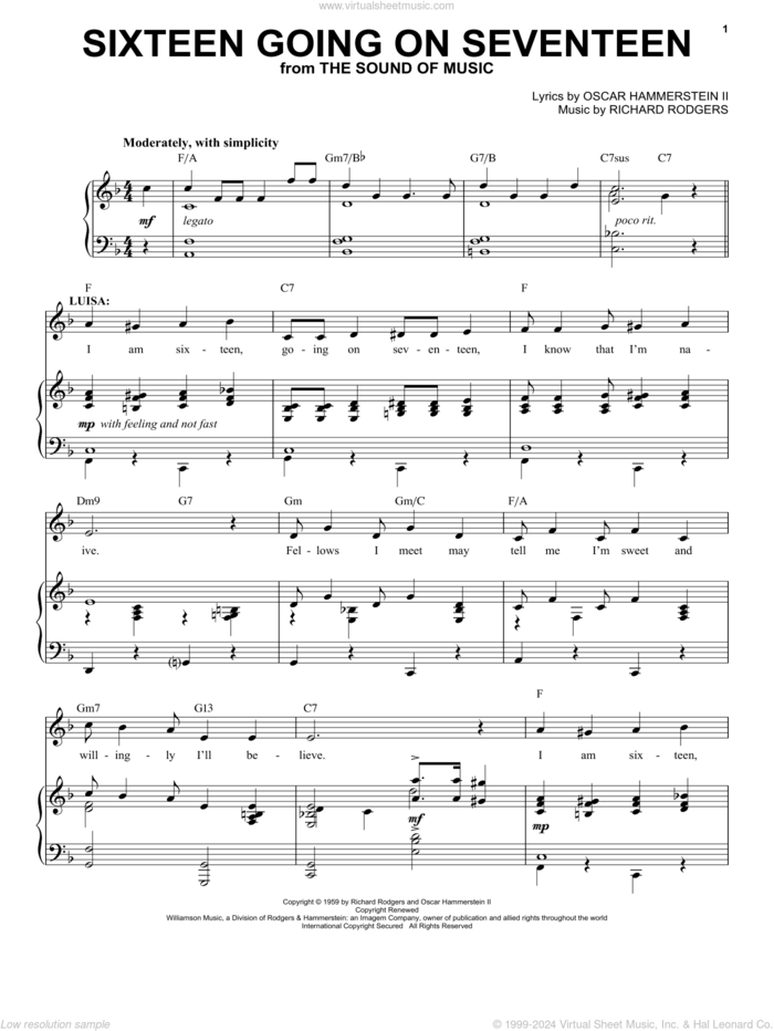 Sixteen Going On Seventeen (from The Sound of Music) sheet music for voice and piano by Rodgers & Hammerstein, Oscar II Hammerstein and Richard Rodgers, intermediate skill level