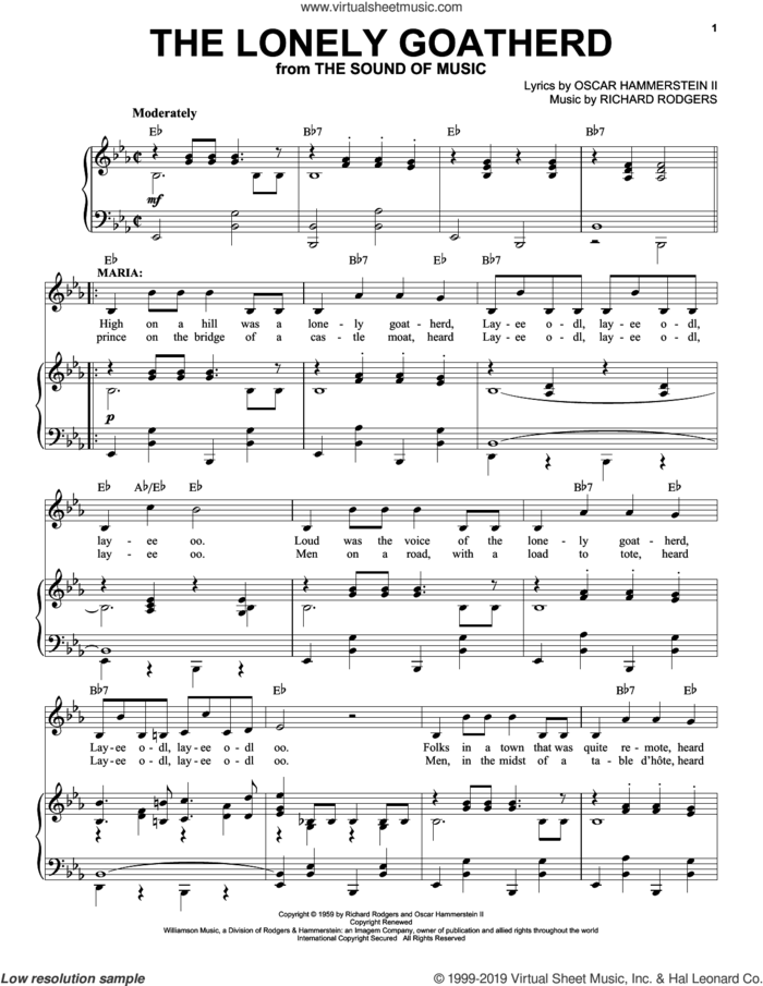 The Lonely Goatherd (from The Sound of Music) sheet music for voice and piano by Rodgers & Hammerstein, Oscar II Hammerstein and Richard Rodgers, intermediate skill level