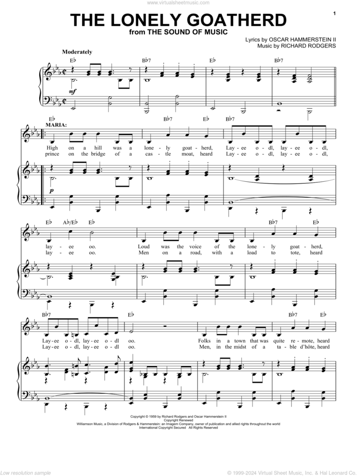 The Lonely Goatherd (from The Sound of Music) sheet music for voice and piano by Rodgers & Hammerstein, Oscar II Hammerstein and Richard Rodgers, intermediate skill level