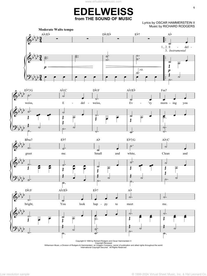 Edelweiss (from The Sound of Music) sheet music for voice and piano by Rodgers & Hammerstein, Oscar II Hammerstein and Richard Rodgers, intermediate skill level