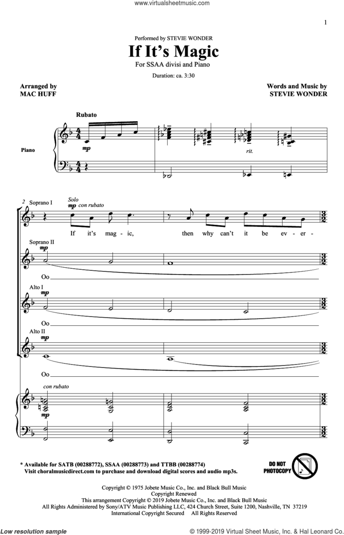 If It's Magic (arr. Mac Huff) sheet music for choir (SSA: soprano, alto) by Stevie Wonder and Mac Huff, intermediate skill level