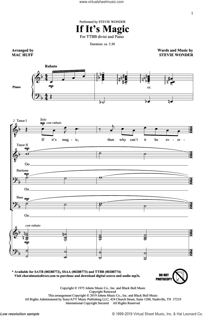 If It's Magic (arr. Mac Huff) sheet music for choir (TTBB: tenor, bass) by Stevie Wonder and Mac Huff, intermediate skill level