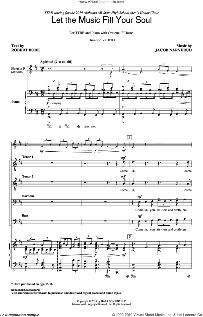 Let The Music Fill Your Soul sheet music for choir (TTBB: tenor, bass) by Jacob Narverud and Robert Bode, intermediate skill level