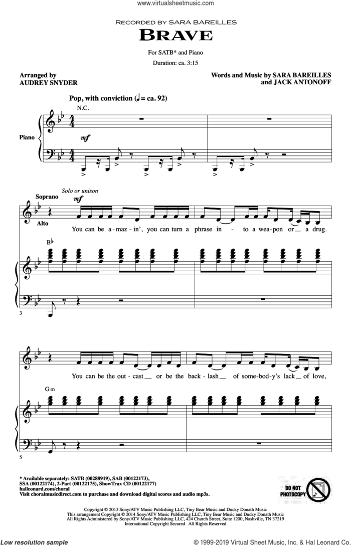 Brave (arr. Audrey Snyder) sheet music for choir (SATB: soprano, alto, tenor, bass) by Sara Bareilles, Audrey Snyder and Jack Antonoff, intermediate skill level