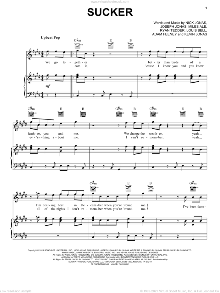 Sucker sheet music for voice, piano or guitar by Jonas Brothers, Frank Dukes, Joe Jonas, Kevin Jonas, Louis Bell, Nick Jonas and Ryan Tedder, intermediate skill level