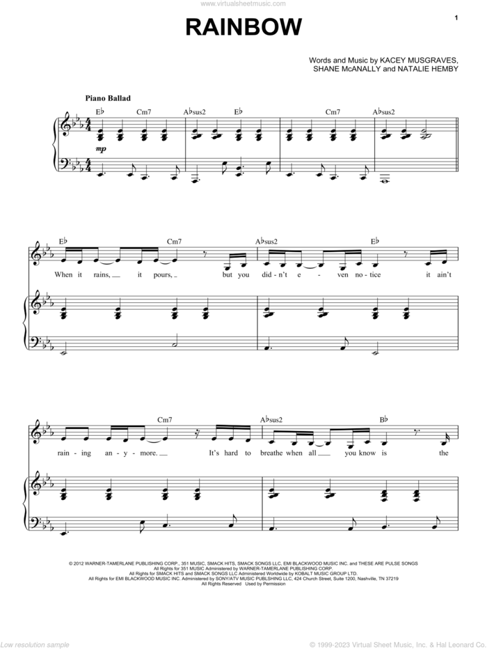 Rainbow sheet music for voice and piano by Kacey Musgraves, Natalie Hemby and Shane McAnally, intermediate skill level