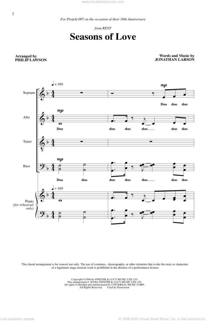 Seasons Of Love (from Rent) (arr. Philip Lawson) sheet music for choir (SATB: soprano, alto, tenor, bass) by Jonathan Larson and Philip Lawson, intermediate skill level