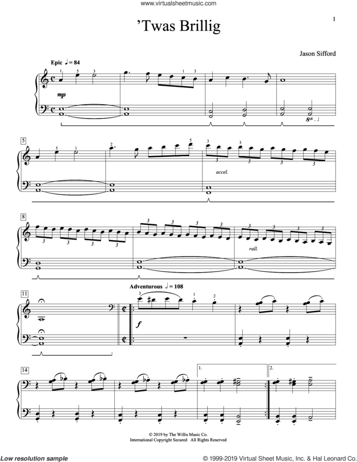 'Twas Brillig sheet music for piano solo (elementary) by Jason Sifford, beginner piano (elementary)