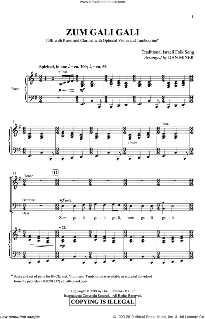 Zum Gali Gali sheet music for choir (TBB: tenor, bass) by Dan Miner and Traditional Israeli Folk Song, intermediate skill level