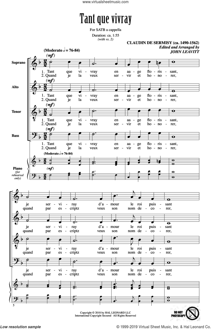 Tant Que Vivray sheet music for choir (SATB: soprano, alto, tenor, bass) by Claudin de Sermisy and John Leavitt, intermediate skill level