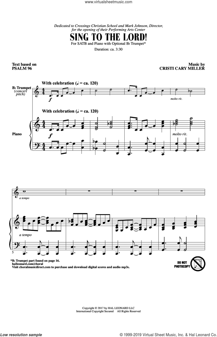Sing To The Lord! sheet music for choir (SATB: soprano, alto, tenor, bass) by Cristi Cary Miller and Psalm 96, intermediate skill level