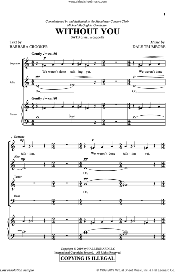 Without You sheet music for choir (SATB: soprano, alto, tenor, bass) by Dale Trumbore, Barbara Crooker and Barbara Crooker & Dale Trumbore, intermediate skill level