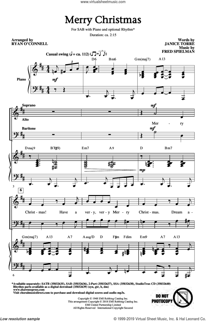 Merry Christmas (arr. Ryan O'Connell) sheet music for choir (SAB: soprano, alto, bass) by Fred Spielman, Johnny Mathis, Janice Torre and Janice Torre & Fred Spielman, intermediate skill level